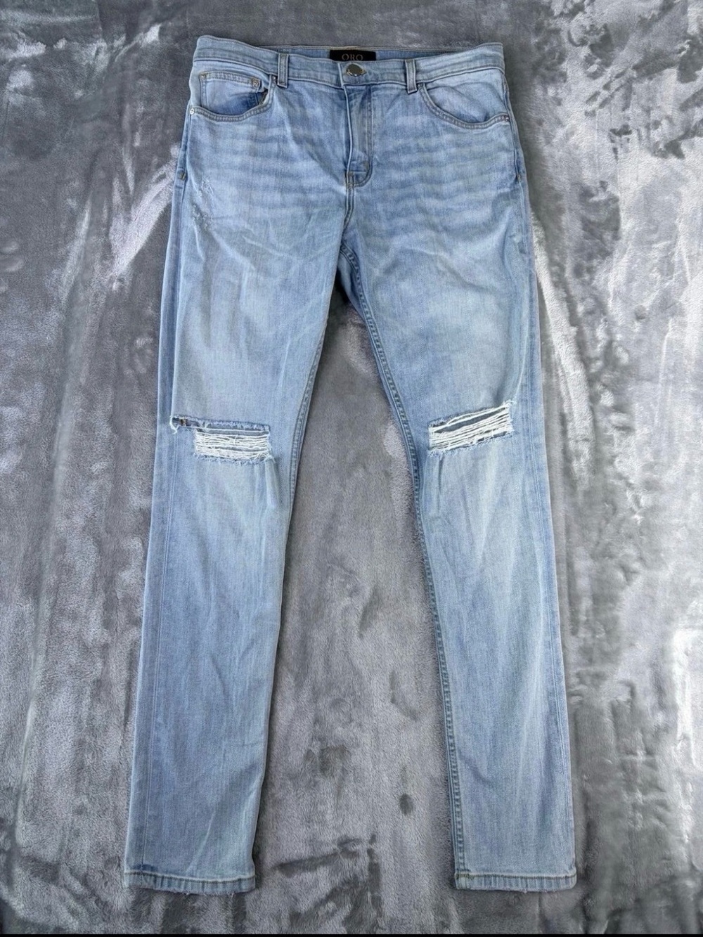 Oro Los Angeles Mens Jeans Sz 34x30 Distressed Ripped LightBlue Wash Broken Loop